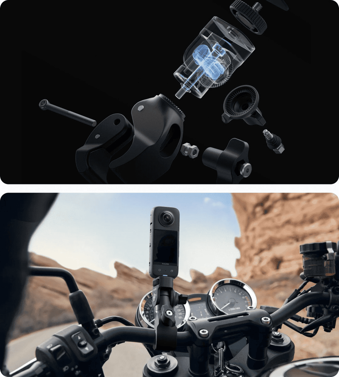 Insta360 Motorcycle (Upgrade) Selfiestick Bundle - X5 X4, X3, X2, RS, GoPro, DJI Action 3, Action 4 - TeqClub.com