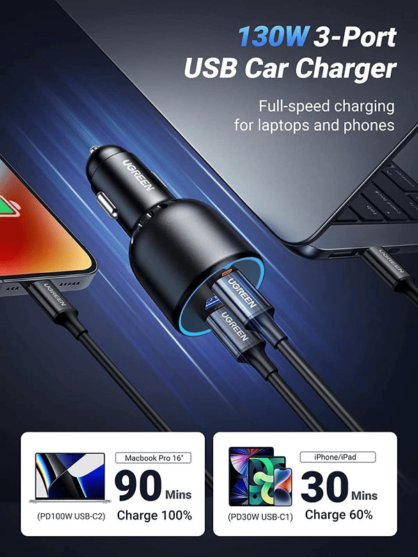 UGREEN 130W 3 - Port Fast Car Charger - TeqClub.com