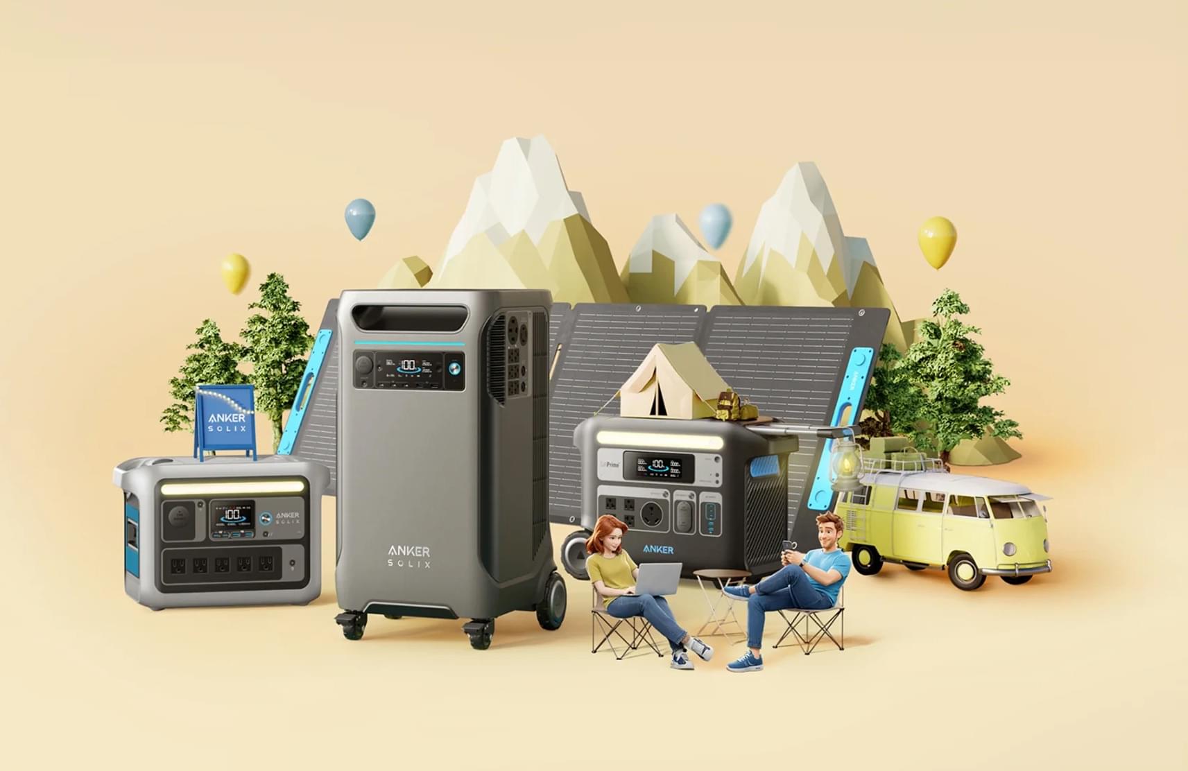 Portable power station with camping setup and mountain background