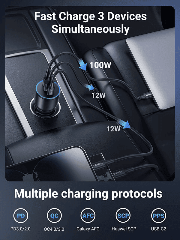 UGREEN 130W 3 - Port Fast Car Charger - TeqClub.com